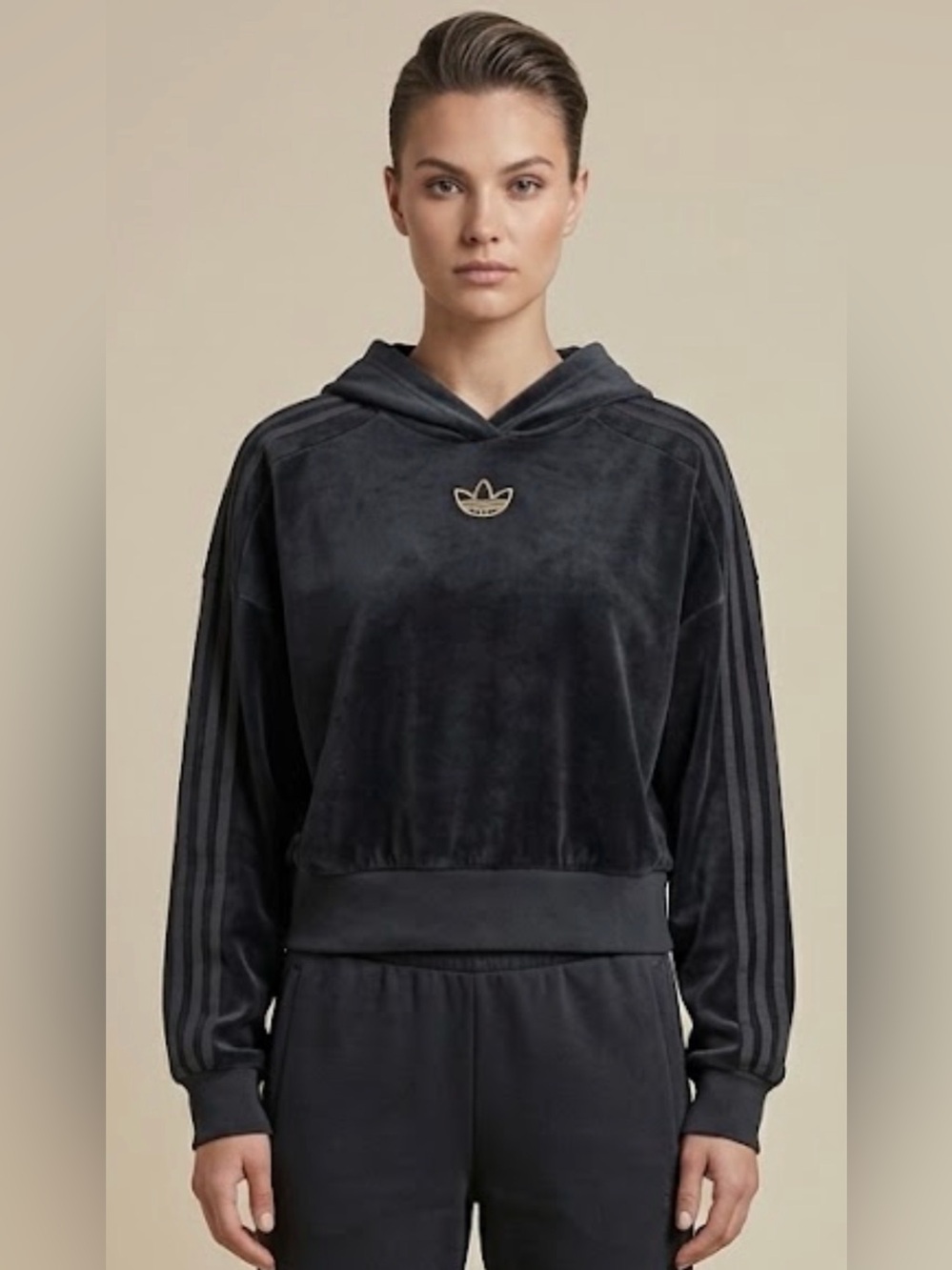 adidas Black Velour Hooded Pullover with Trefoil Patch